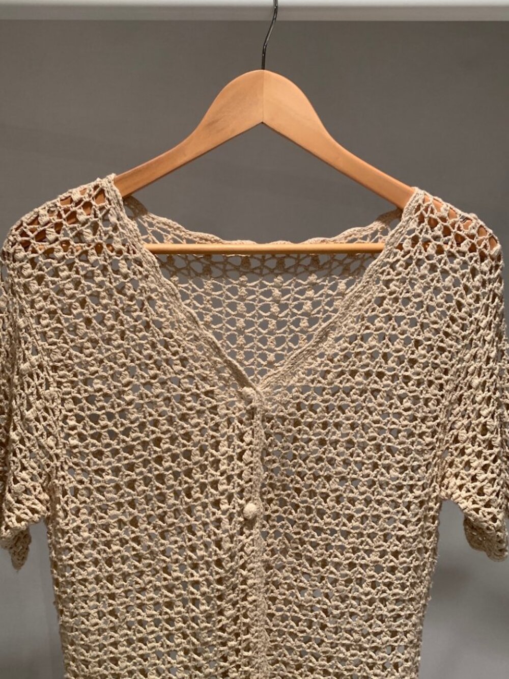 Crochet Knit Short‑Sleeve Cardigan — Beige — Size M
